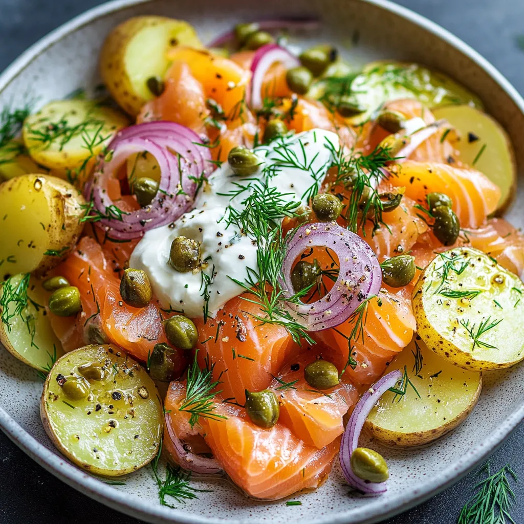 Salade nordique fraîche avec saumon fumé, pommes de terre, oignons marinés et vinaigrette maison