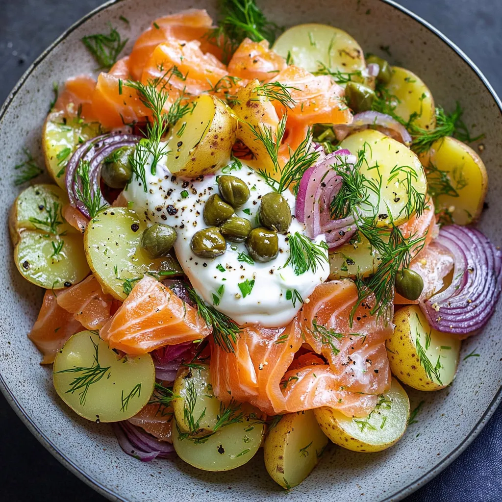 Salade nordique fraîche avec saumon fumé, pommes de terre, oignons marinés et vinaigrette maison