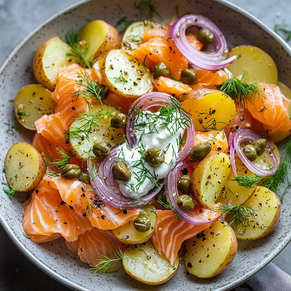 Salade nordique fraîche avec saumon fumé, pommes de terre, oignons marinés et vinaigrette maison