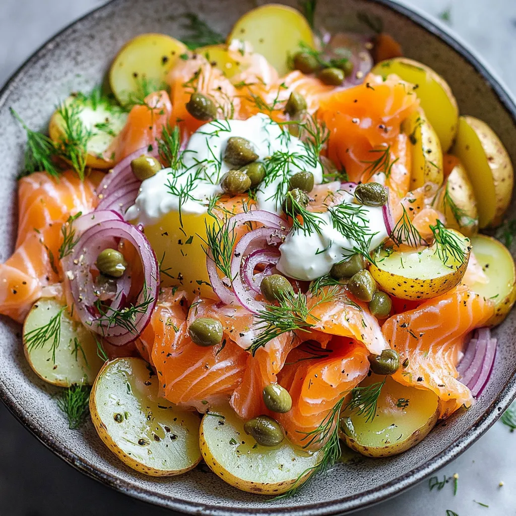 Salade nordique fraîche avec saumon fumé, pommes de terre, oignons marinés et vinaigrette maison
