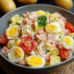 Salade piémontaise maison servie fraîche dans un saladier, avec pommes de terre, tomates, œufs et sauce crémeuse