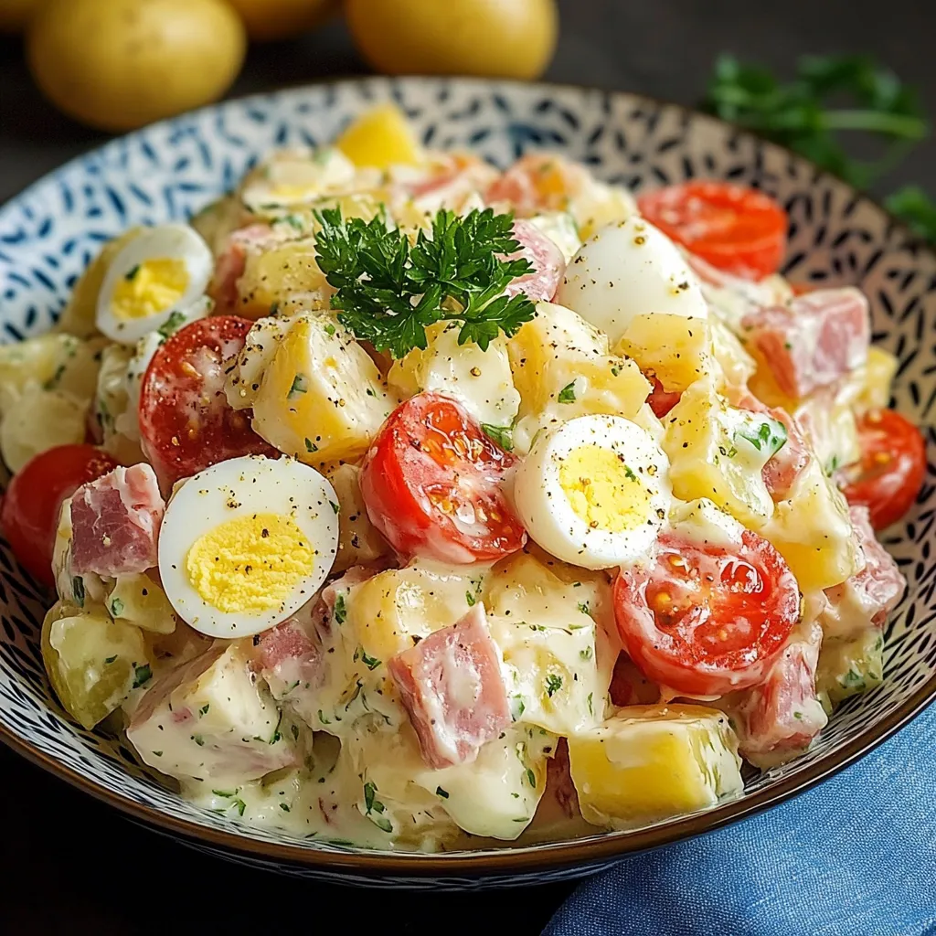 Salade piémontaise maison servie fraîche dans un saladier, avec pommes de terre, tomates, œufs et sauce crémeuse