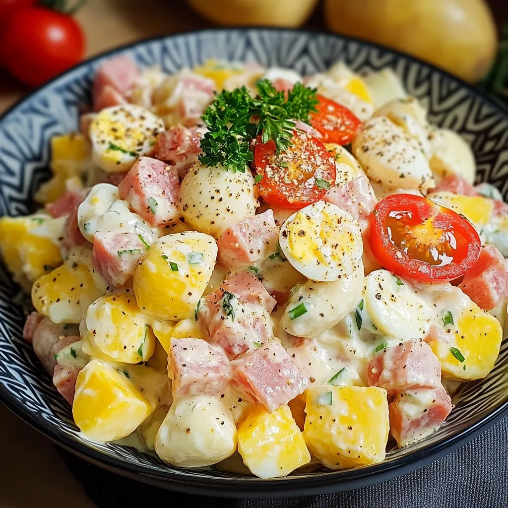 Salade piémontaise maison servie fraîche dans un saladier, avec pommes de terre, tomates, œufs et sauce crémeuse