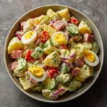 Assiette de salade piémontaise maison composée de pommes de terre, cervelas, œufs durs et cornichons, nappée de sauce crémeuse.