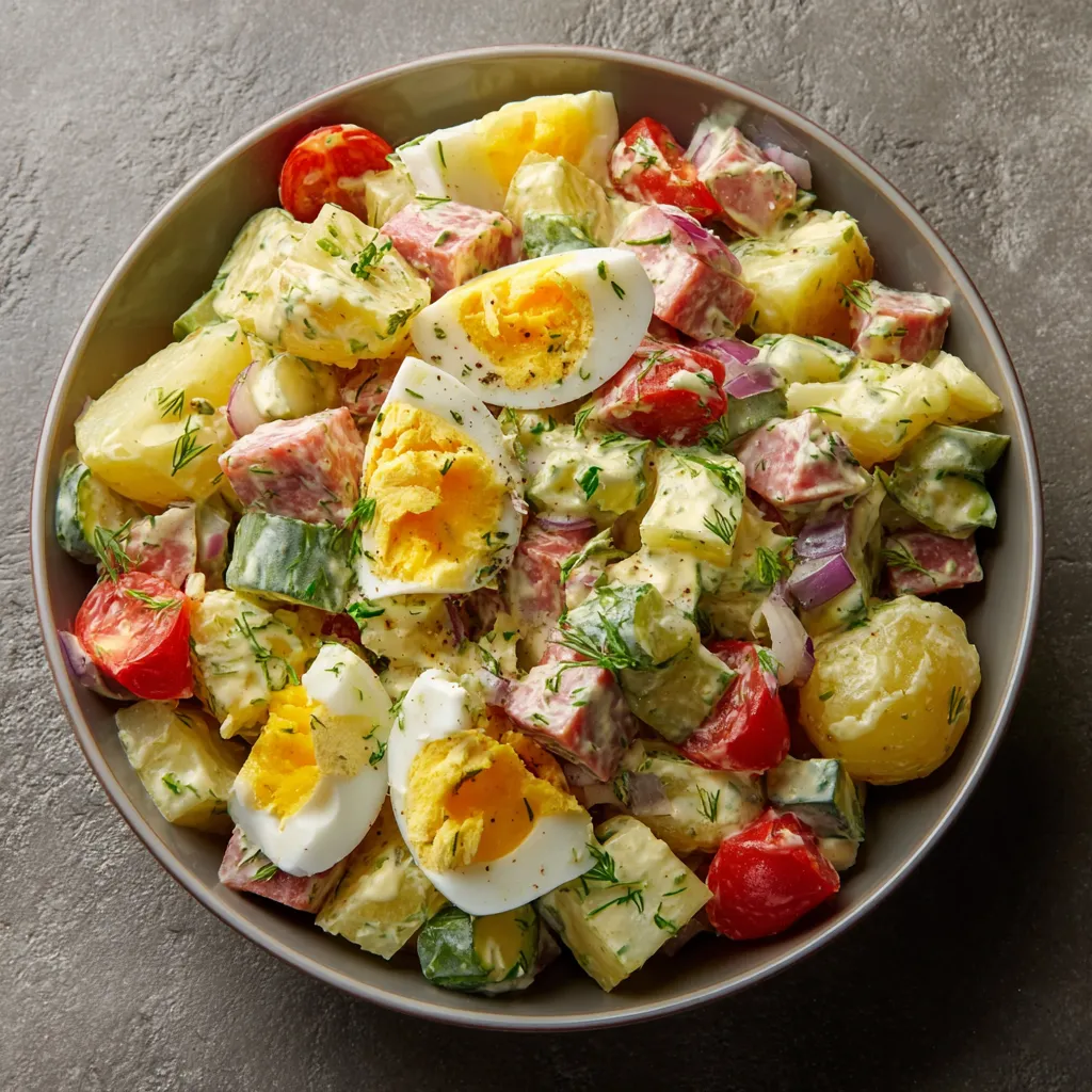 Assiette de salade piémontaise maison composée de pommes de terre, cervelas, œufs durs et cornichons, nappée de sauce crémeuse.