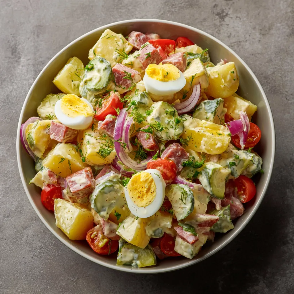 Assiette de salade piémontaise maison composée de pommes de terre, cervelas, œufs durs et cornichons, nappée de sauce crémeuse.