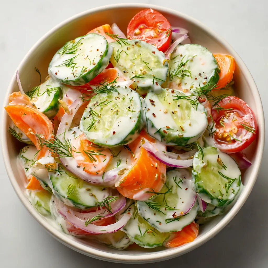 bol de salade de concombres avec oignons rouges et herbes fraîches