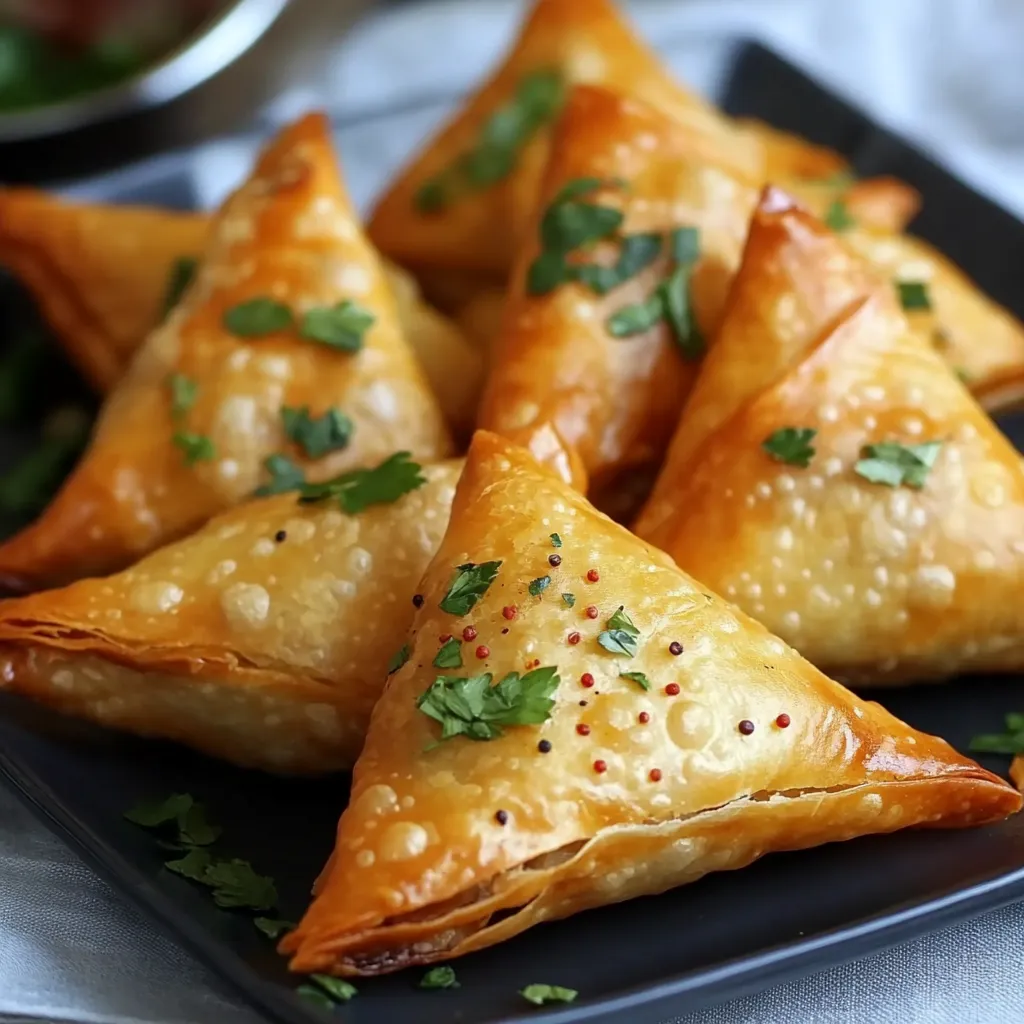Samoussas de poulet au curry dorés au four sur une assiette