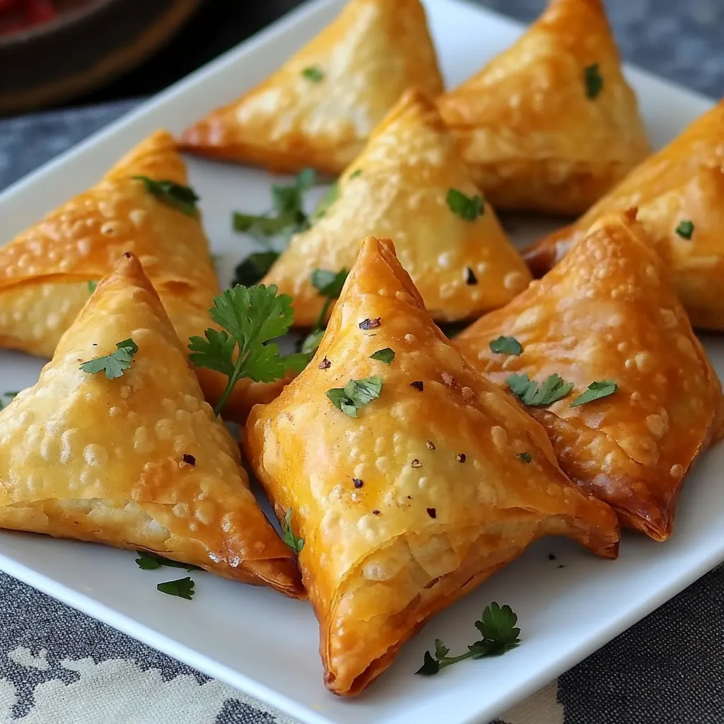 Samoussas de poulet au curry dorés au four sur une assiette