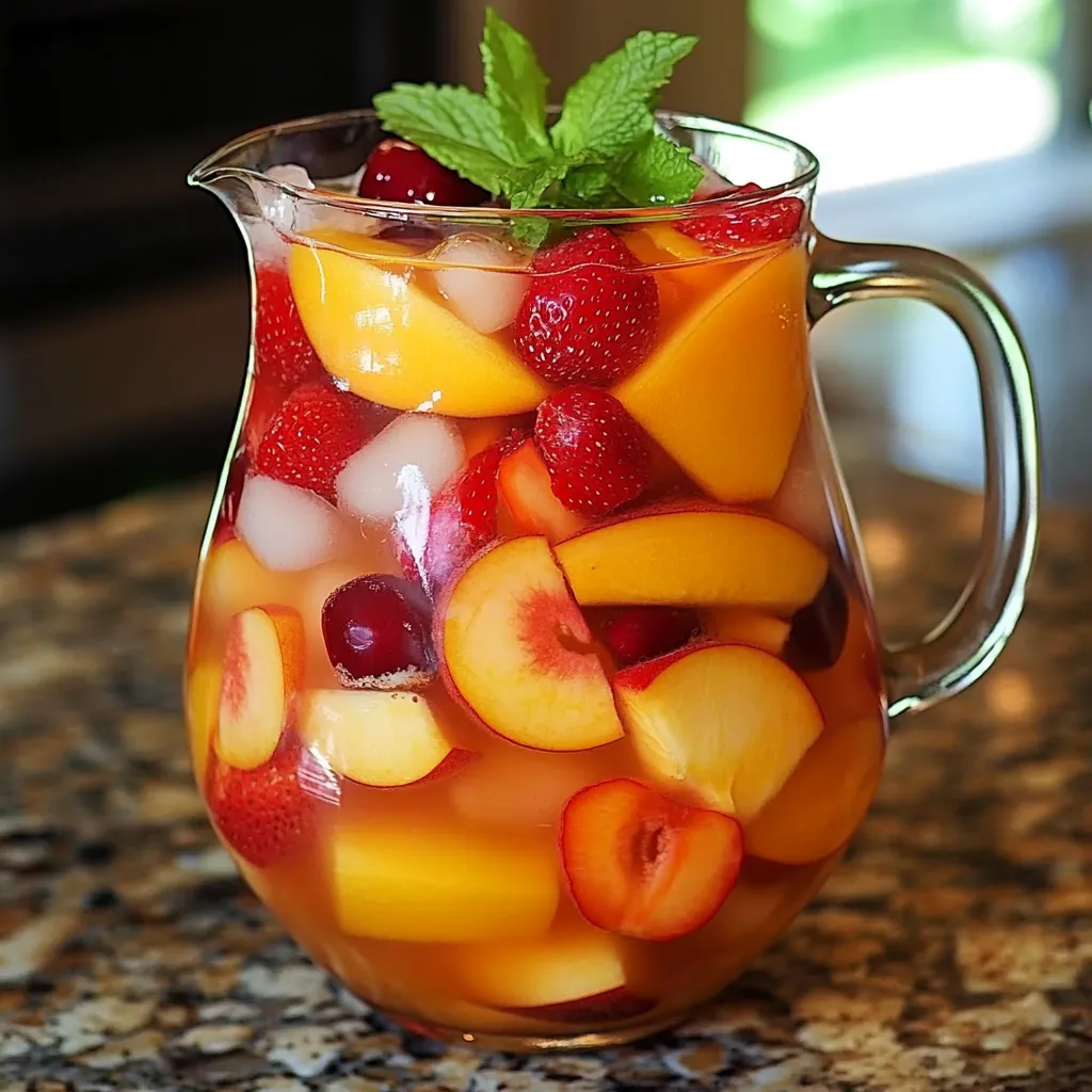 Sangria d’été sans alcool avec fraises, pêches et cerises servie dans un verre transparent