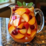 Sangria d’été sans alcool avec fraises, pêches et cerises servie dans un verre transparent