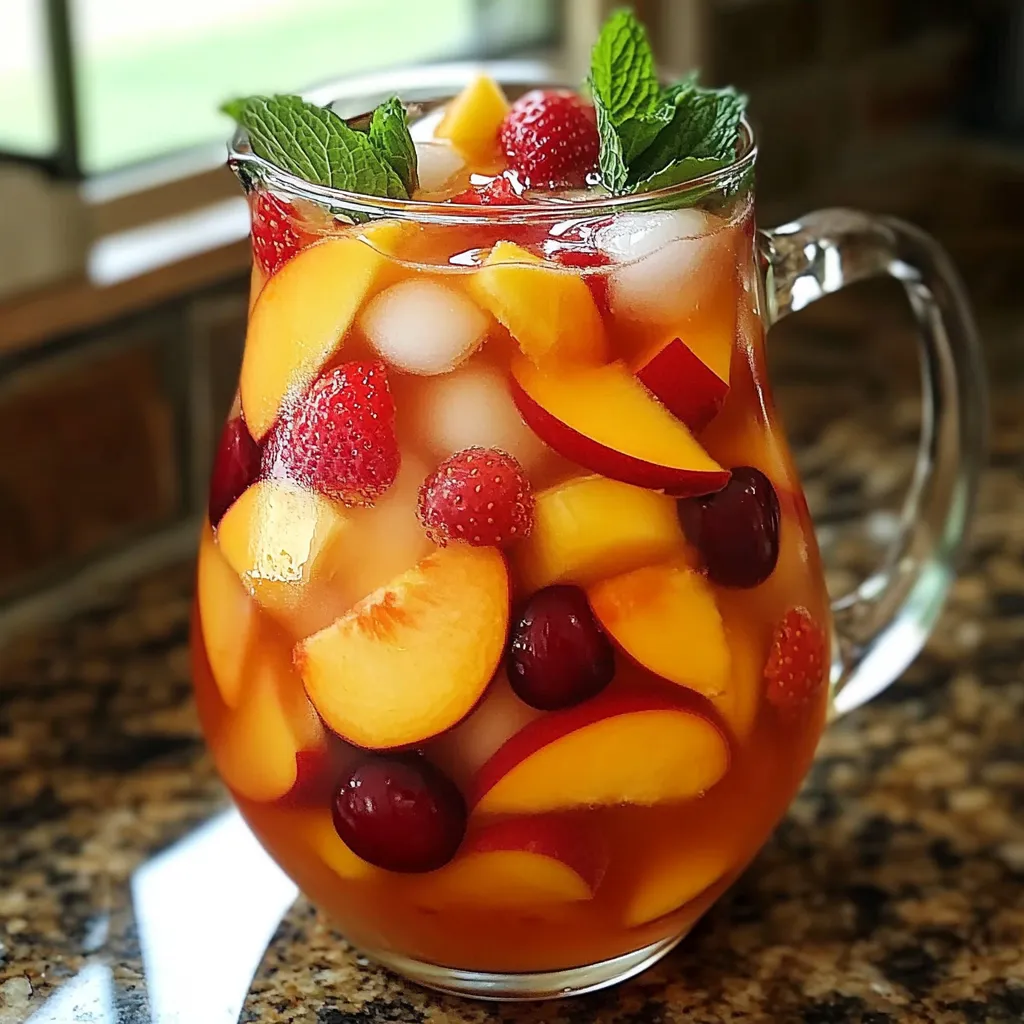 Sangria d’été sans alcool avec fraises, pêches et cerises servie dans un verre transparent