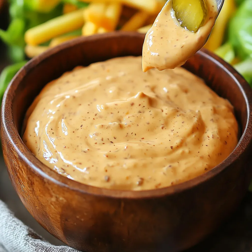 Bol de sauce style Big Mac maison avec cuillère et ingrédients autour