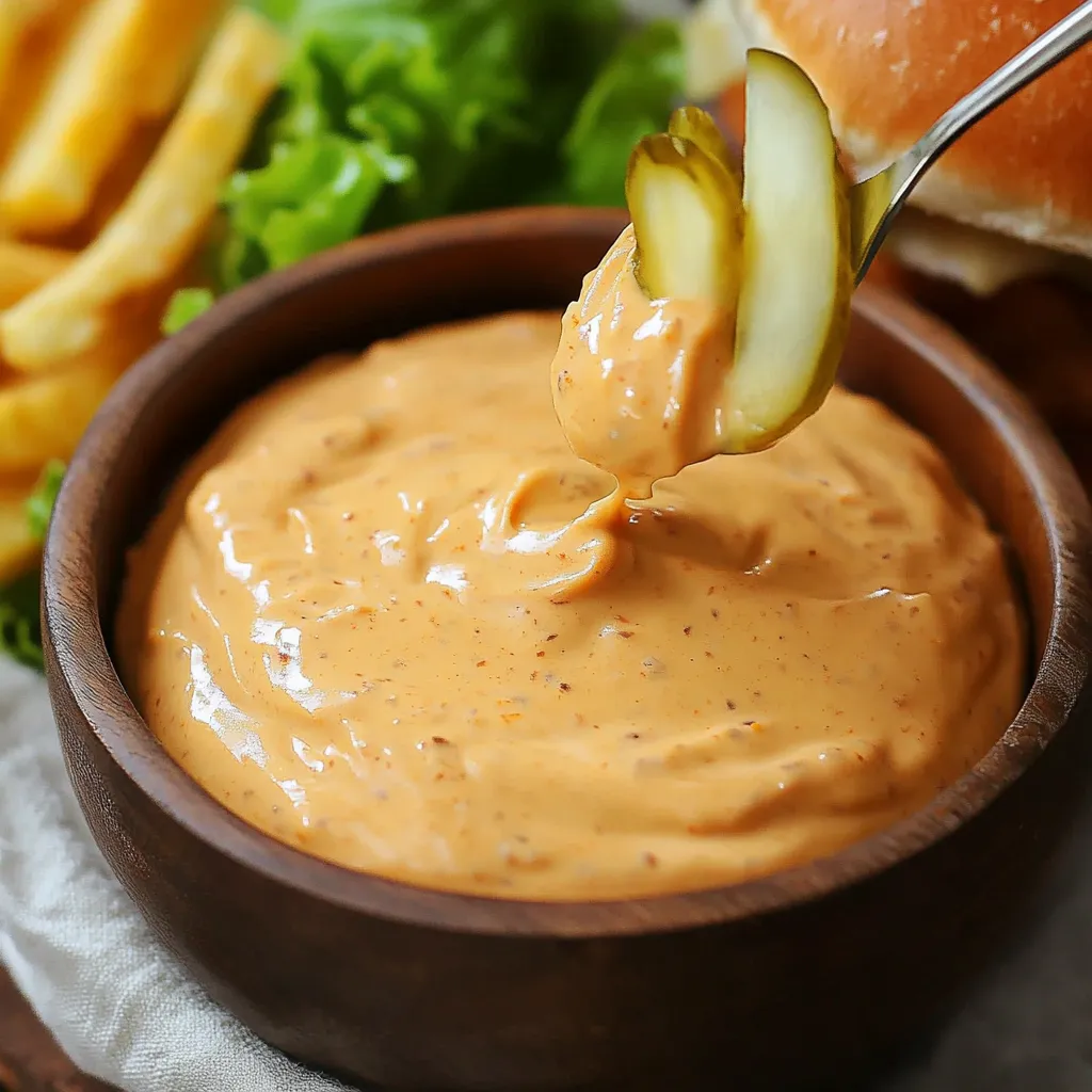 Bol de sauce style Big Mac maison avec cuillère et ingrédients autour