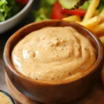 Bol de sauce style Big Mac maison avec cuillère et ingrédients autour