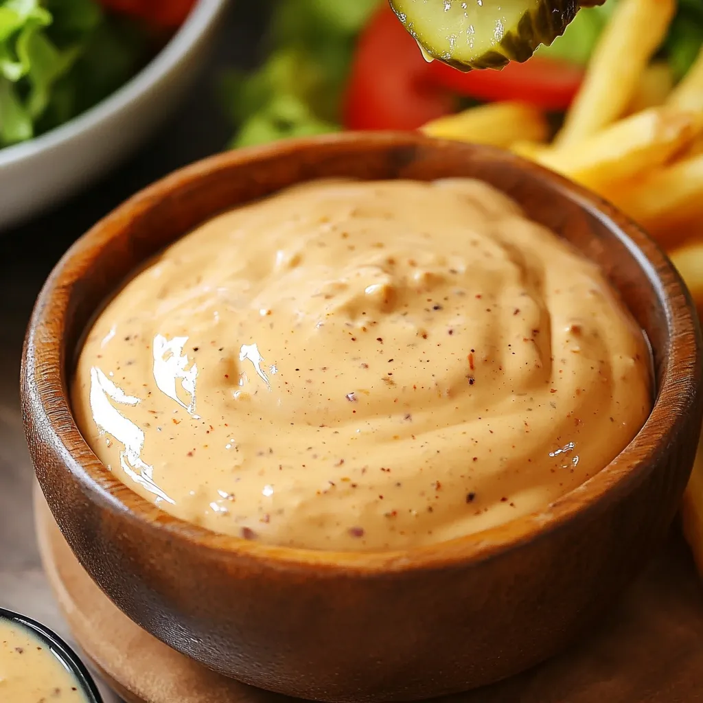 Bol de sauce style Big Mac maison avec cuillère et ingrédients autour