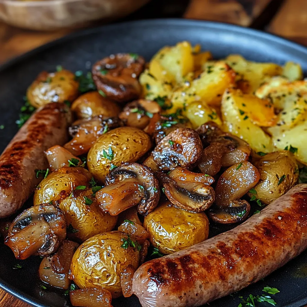 Plat de saucisses, champignons et pommes de terre rôtis au four dans un plat familial