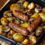 Plat de saucisses, champignons et pommes de terre rôtis au four dans un plat familial