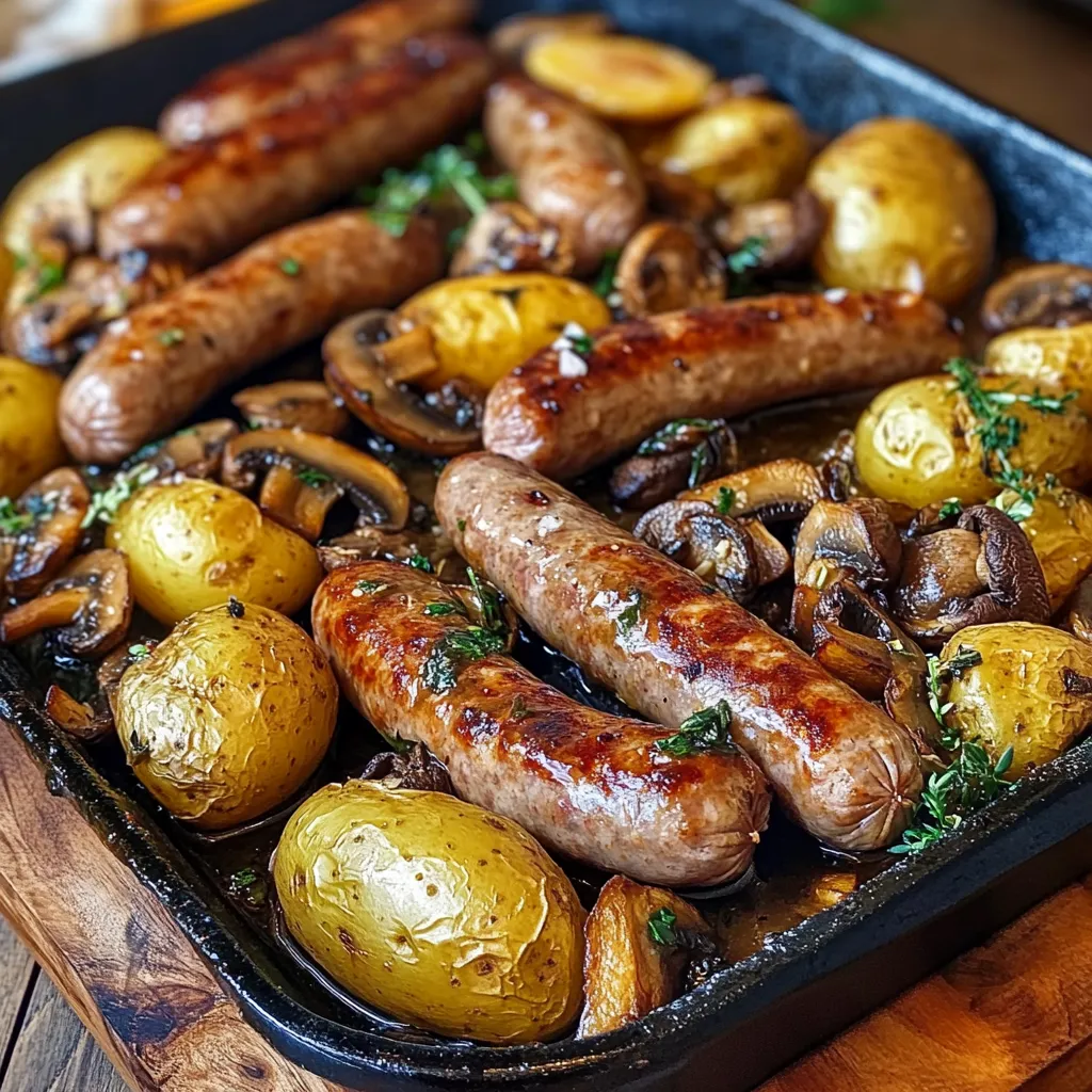Plat de saucisses, champignons et pommes de terre rôtis au four dans un plat familial