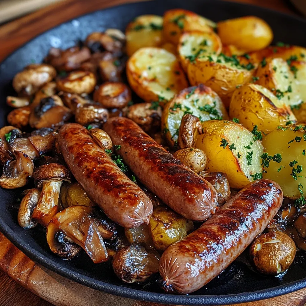 Plat de saucisses, champignons et pommes de terre rôtis au four dans un plat familial