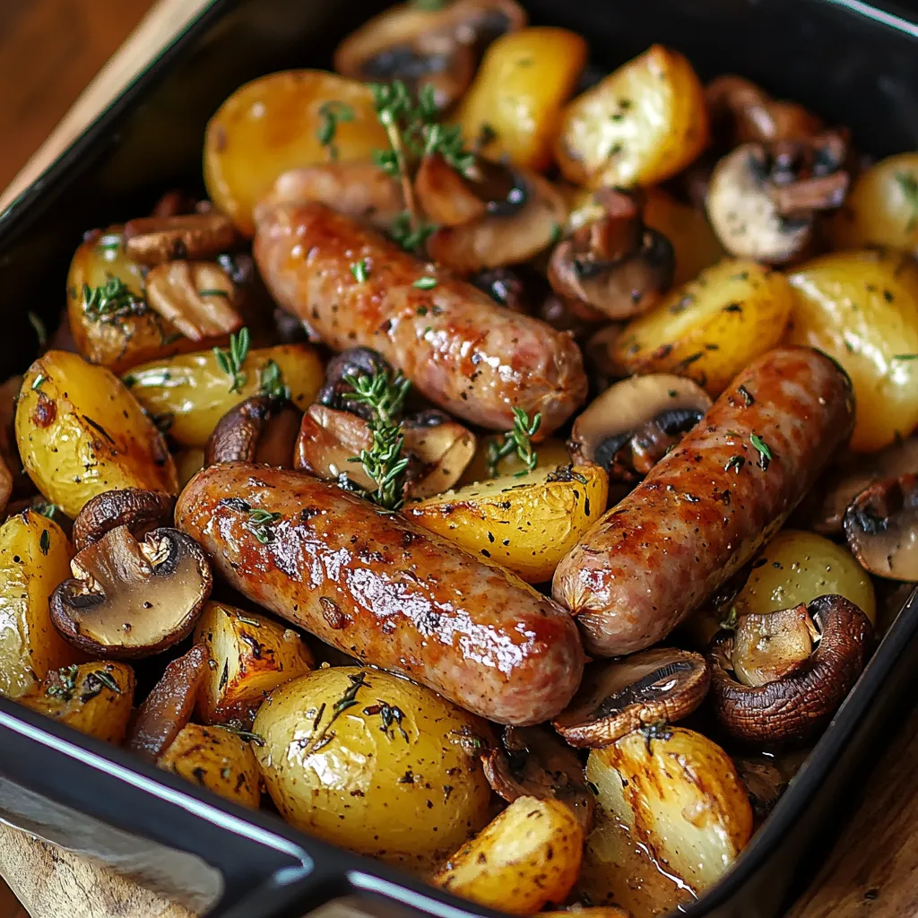 Plat de saucisses, champignons et pommes de terre rôtis au four dans un plat familial