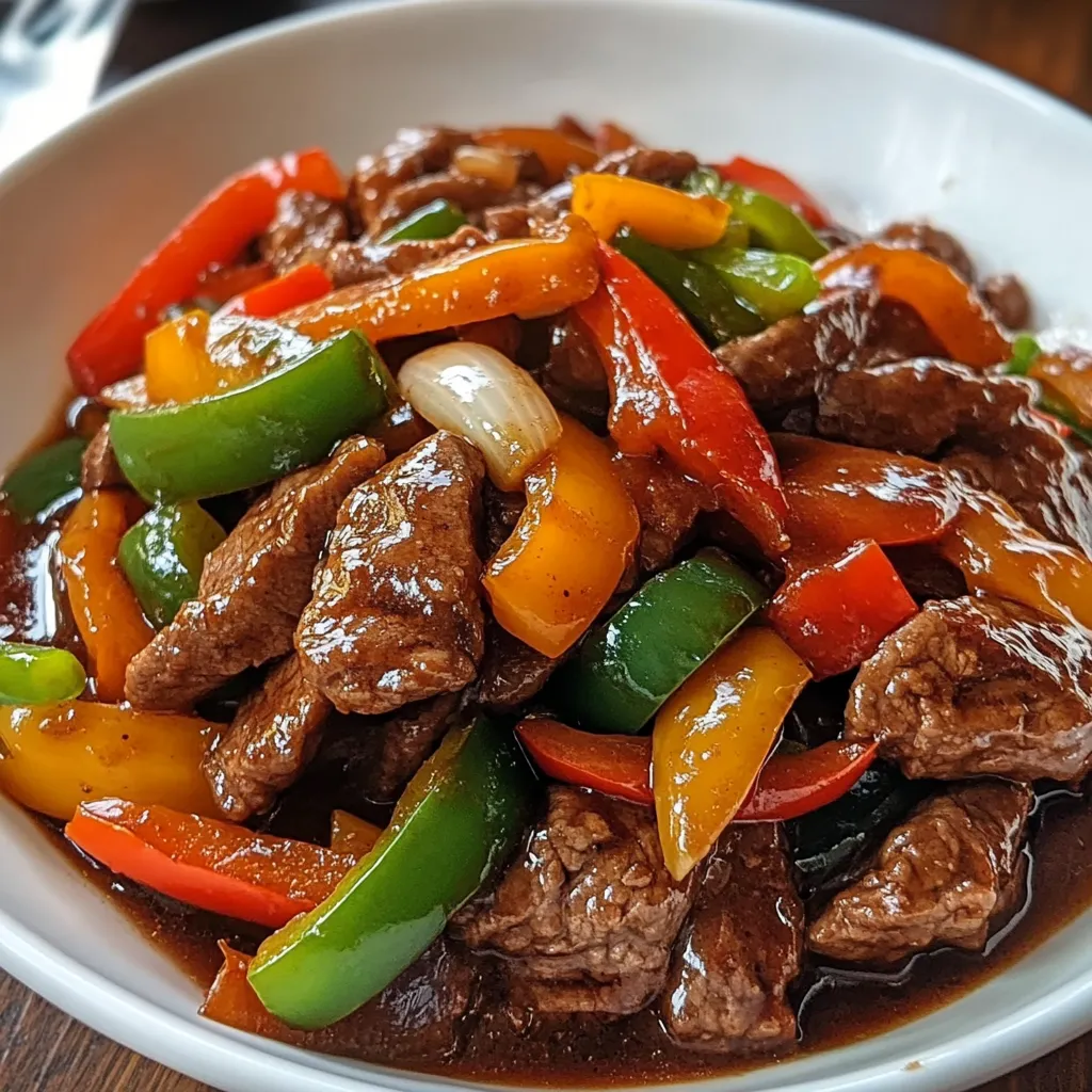 Lanières de bœuf sautées avec poivrons rouges et jaunes et oignons, servies dans un wok fumant