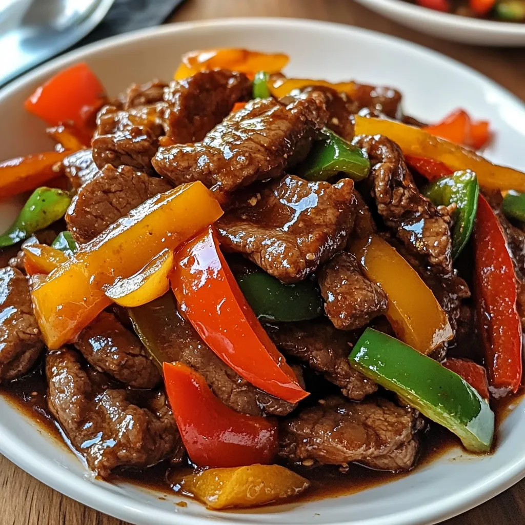 Lanières de bœuf sautées avec poivrons rouges et jaunes et oignons, servies dans un wok fumant