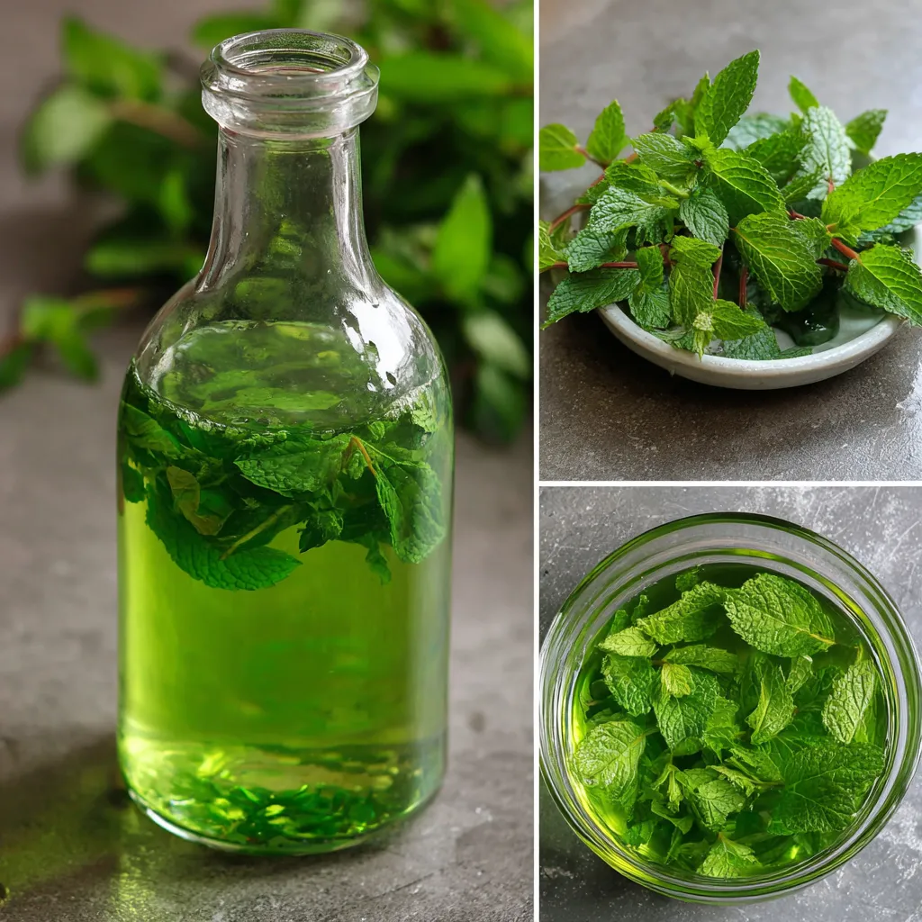 Bouteille de sirop de menthe maison vert, placée sur un fond en bois avec des feuilles de menthe fraîche.
