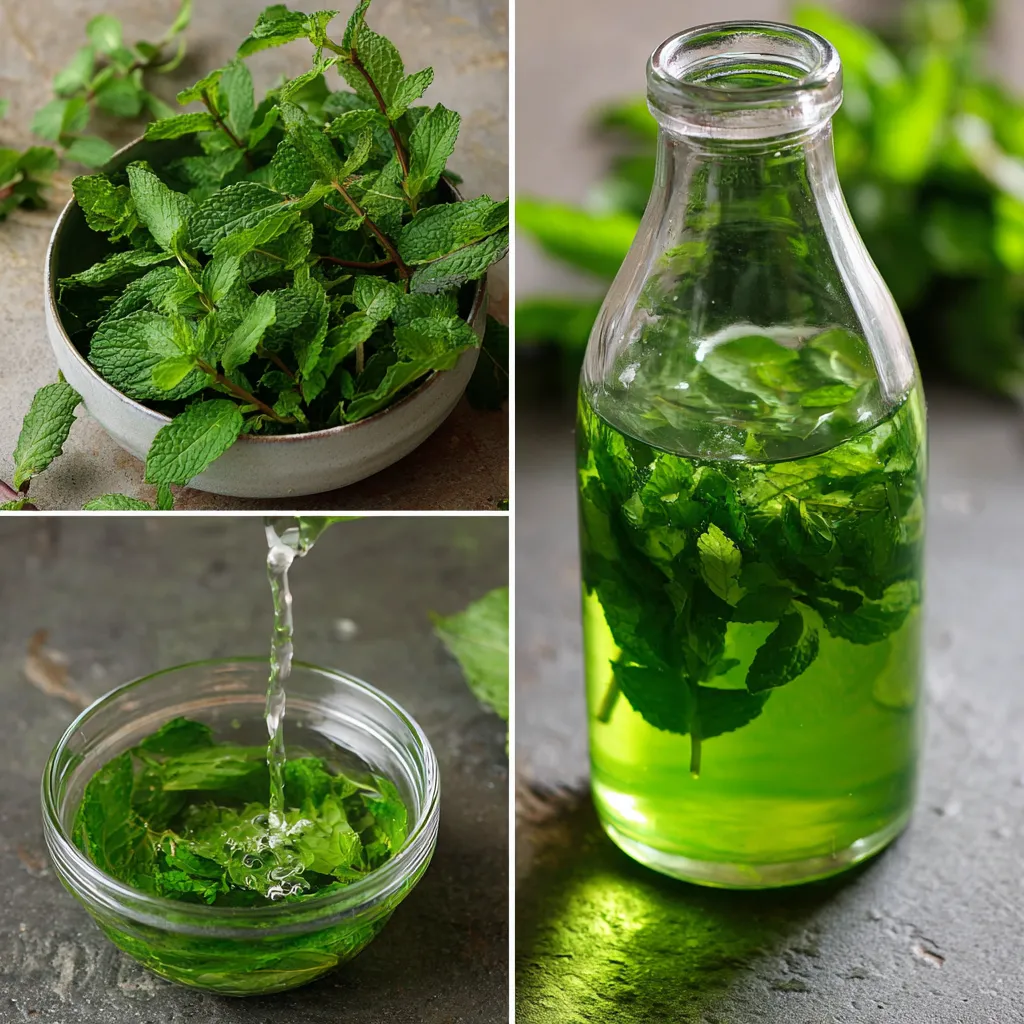 Bouteille de sirop de menthe maison vert, placée sur un fond en bois avec des feuilles de menthe fraîche.