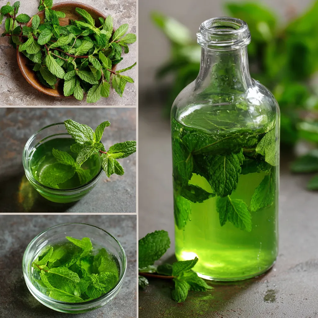 Bouteille de sirop de menthe maison vert, placée sur un fond en bois avec des feuilles de menthe fraîche.