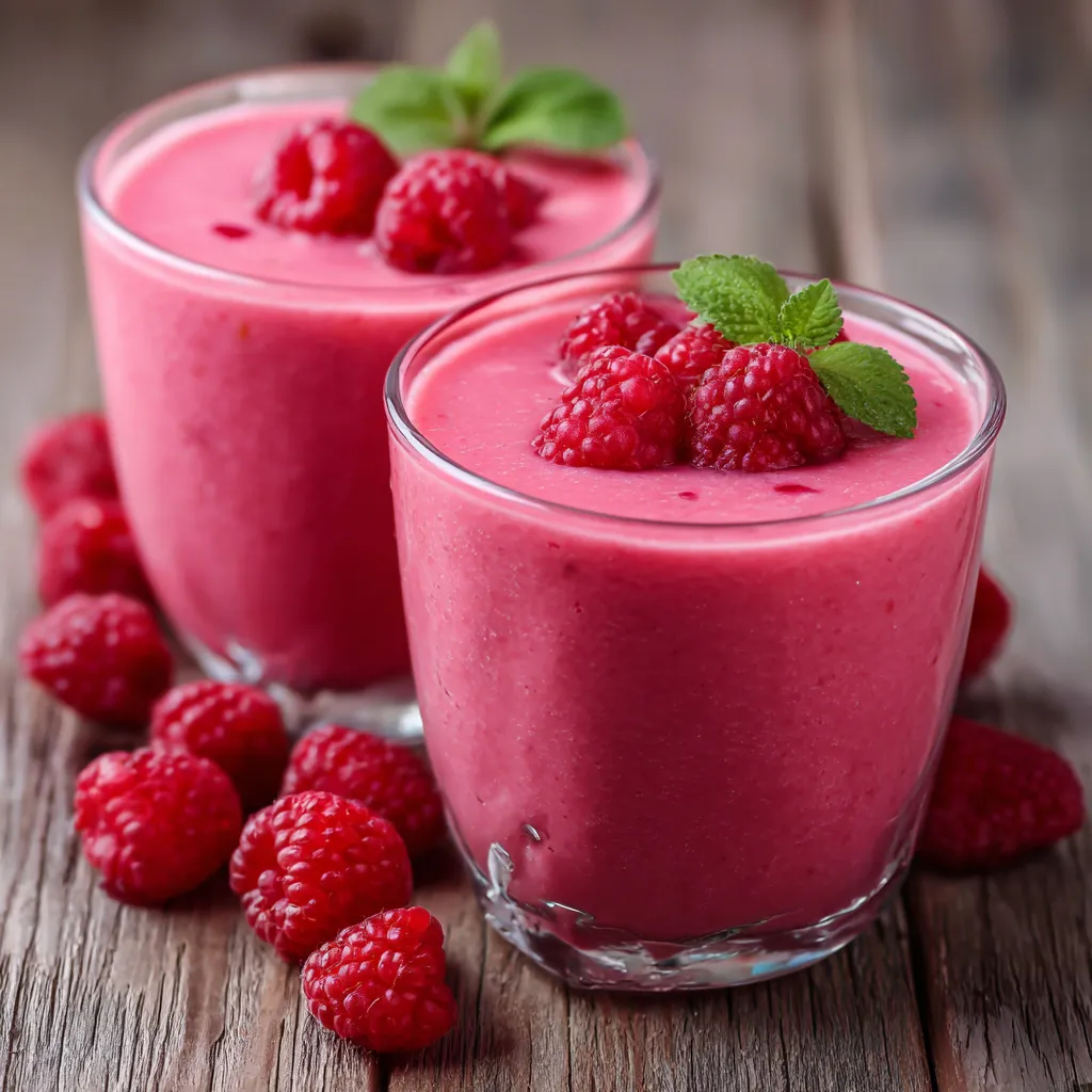 Smoothie rose à la framboise servi dans un verre avec yaourt, décoré de fruits frais