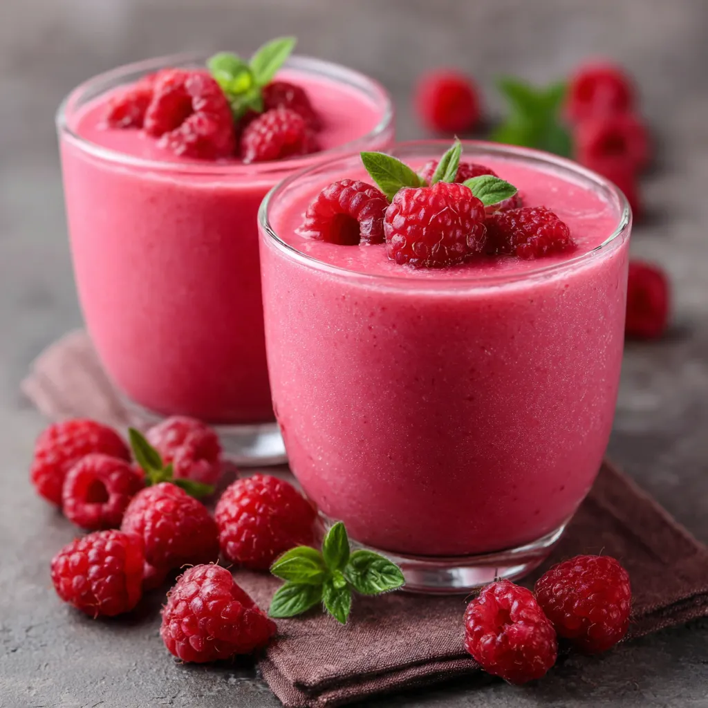 Smoothie rose à la framboise servi dans un verre avec yaourt, décoré de fruits frais