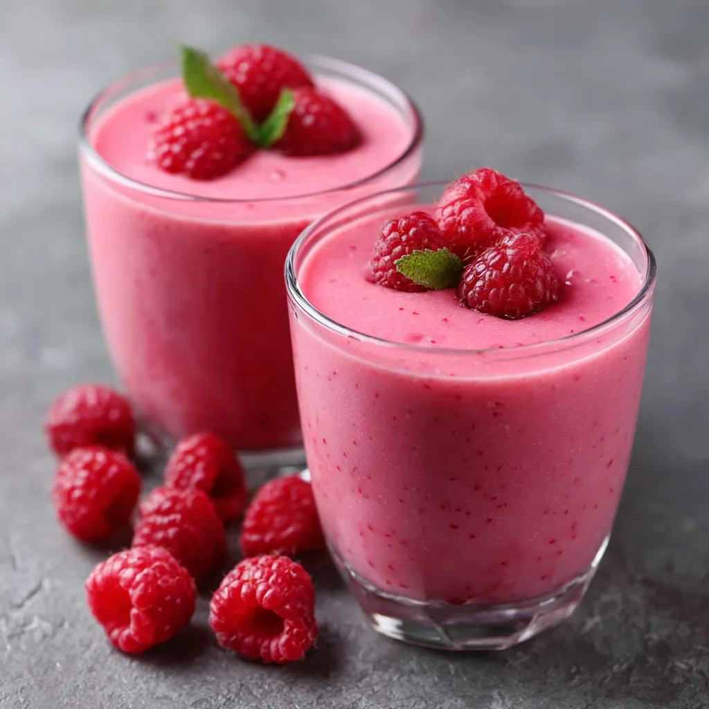 Smoothie rose à la framboise servi dans un verre avec yaourt, décoré de fruits frais