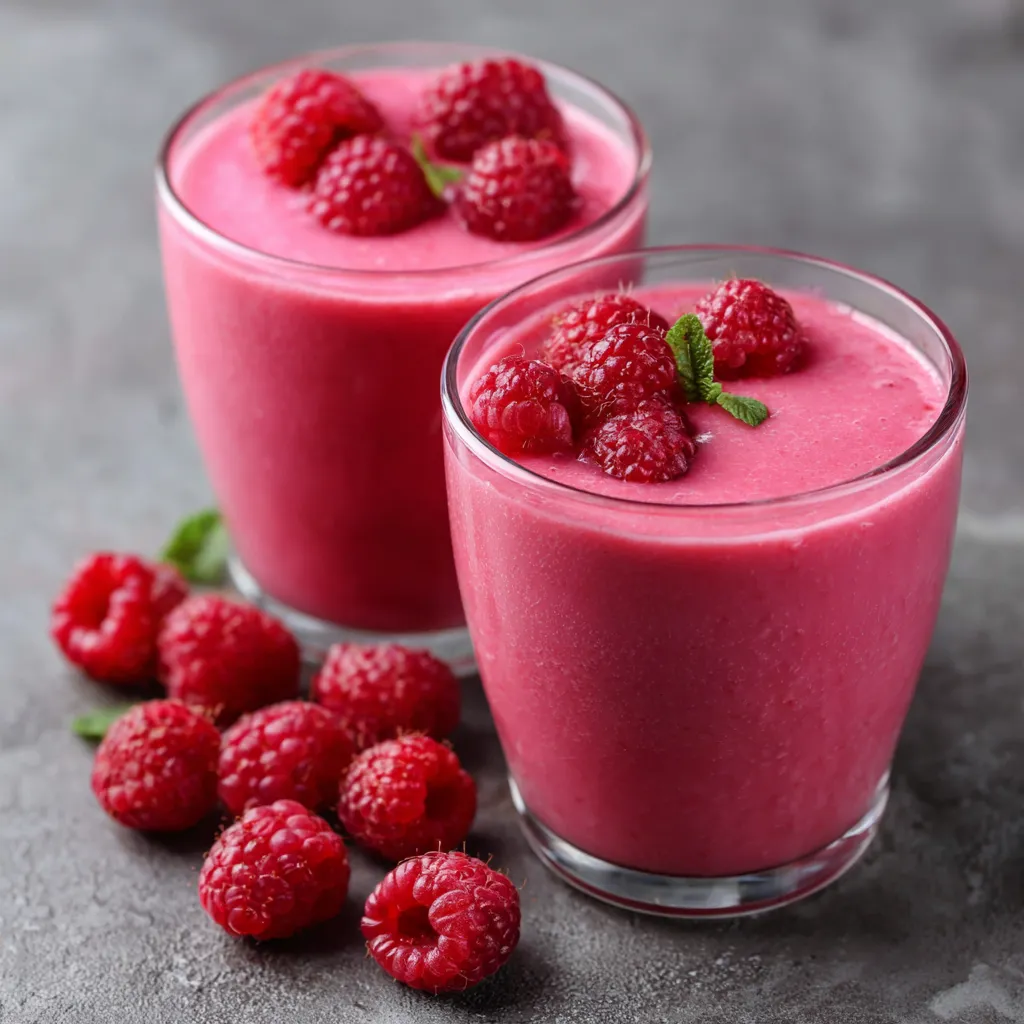 Smoothie rose à la framboise servi dans un verre avec yaourt, décoré de fruits frais