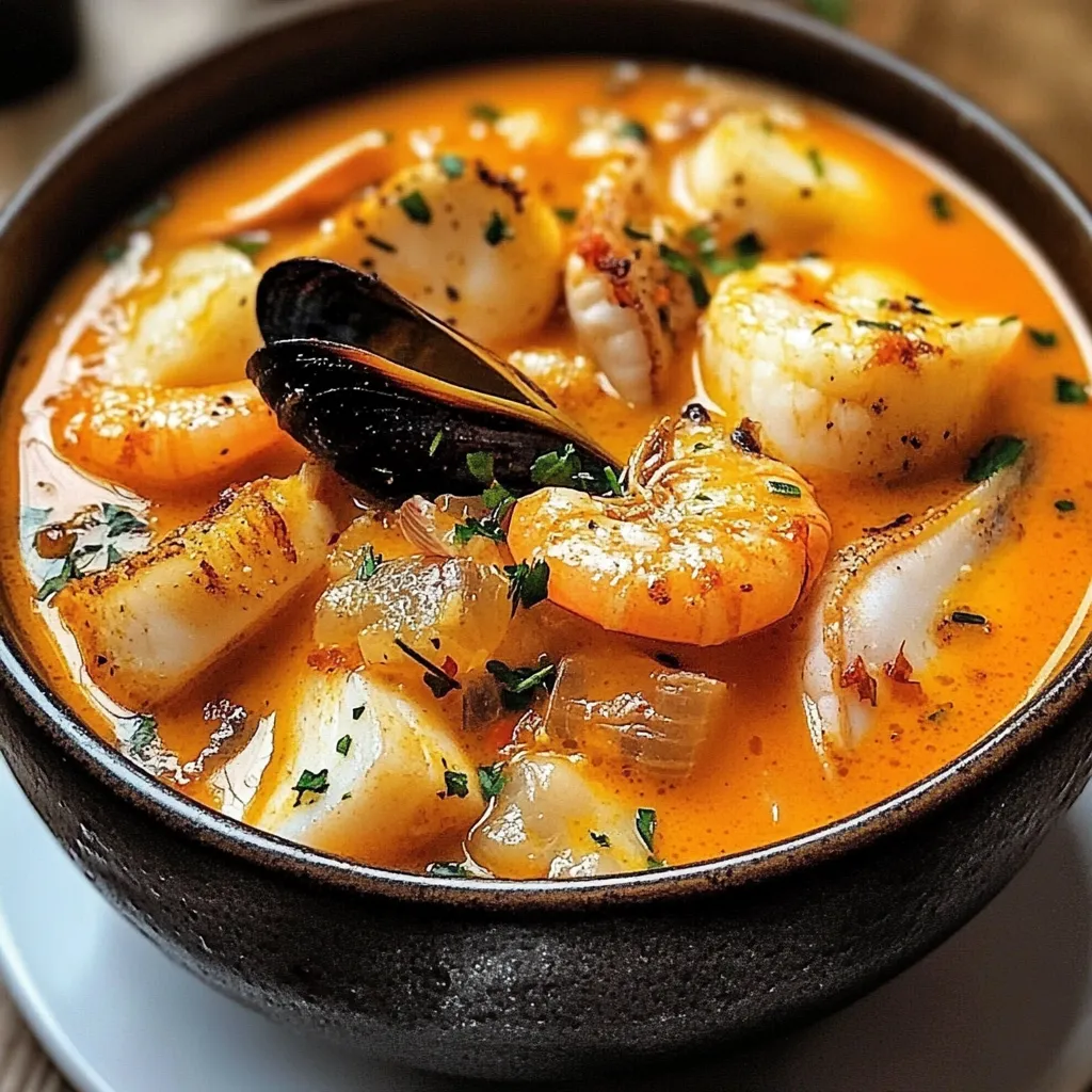 Soupe espagnole aux fruits de mer servie dans un bol rustique avec persil frais et pain grillé