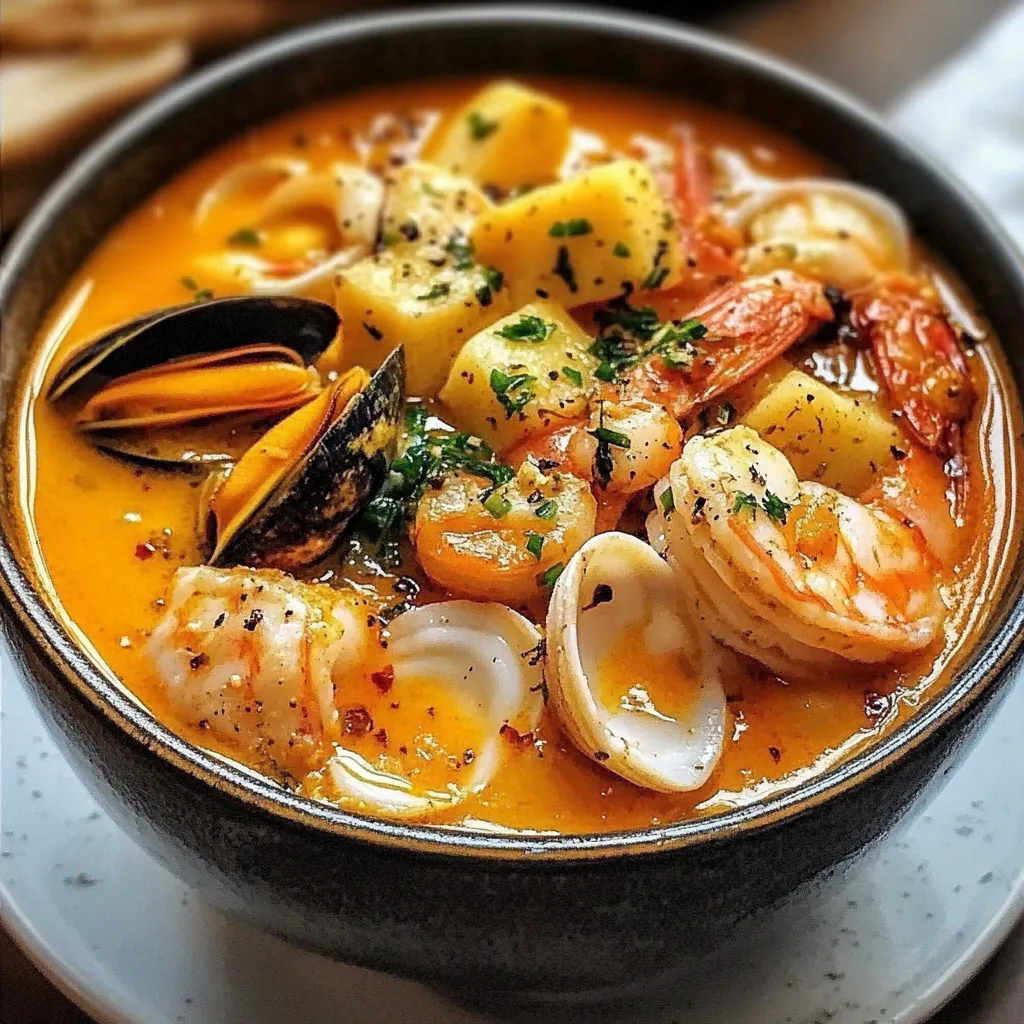 Soupe espagnole aux fruits de mer servie dans un bol rustique avec persil frais et pain grillé
