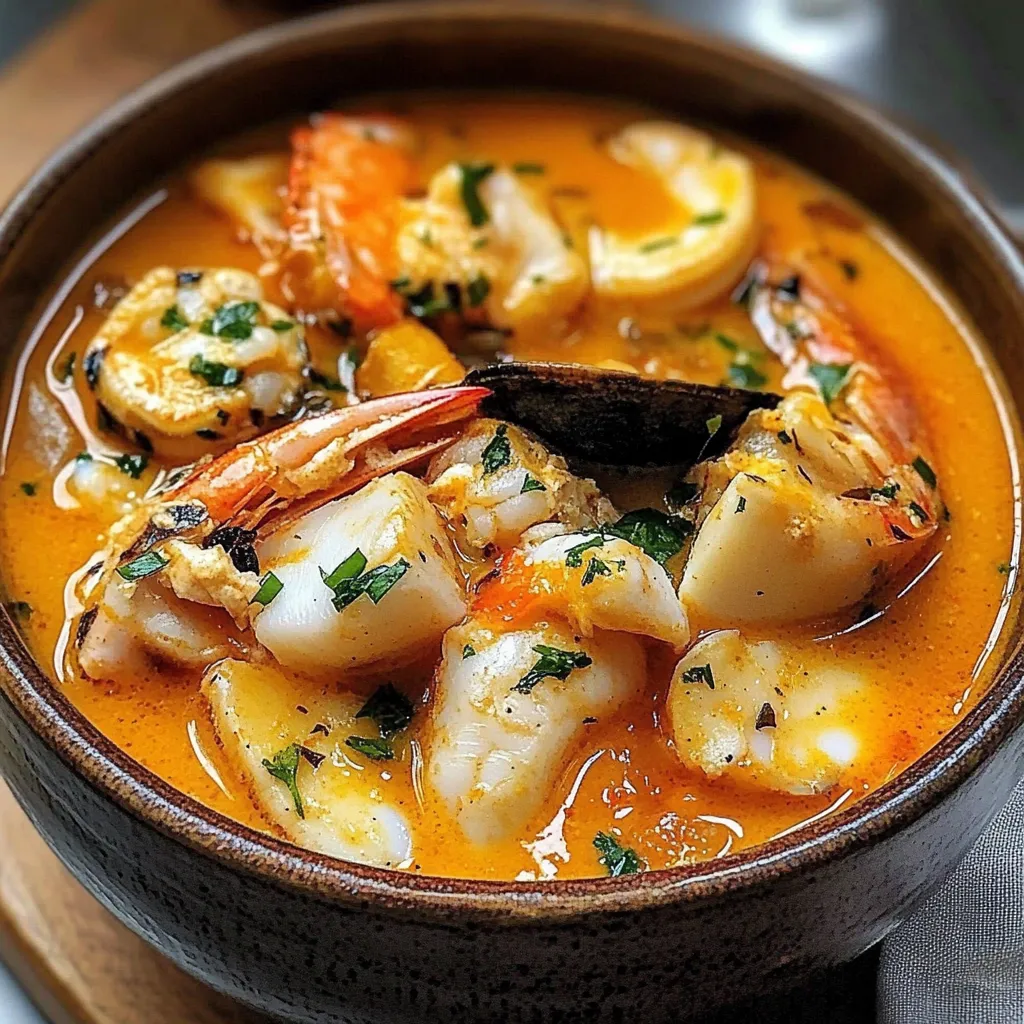 Soupe espagnole aux fruits de mer servie dans un bol rustique avec persil frais et pain grillé