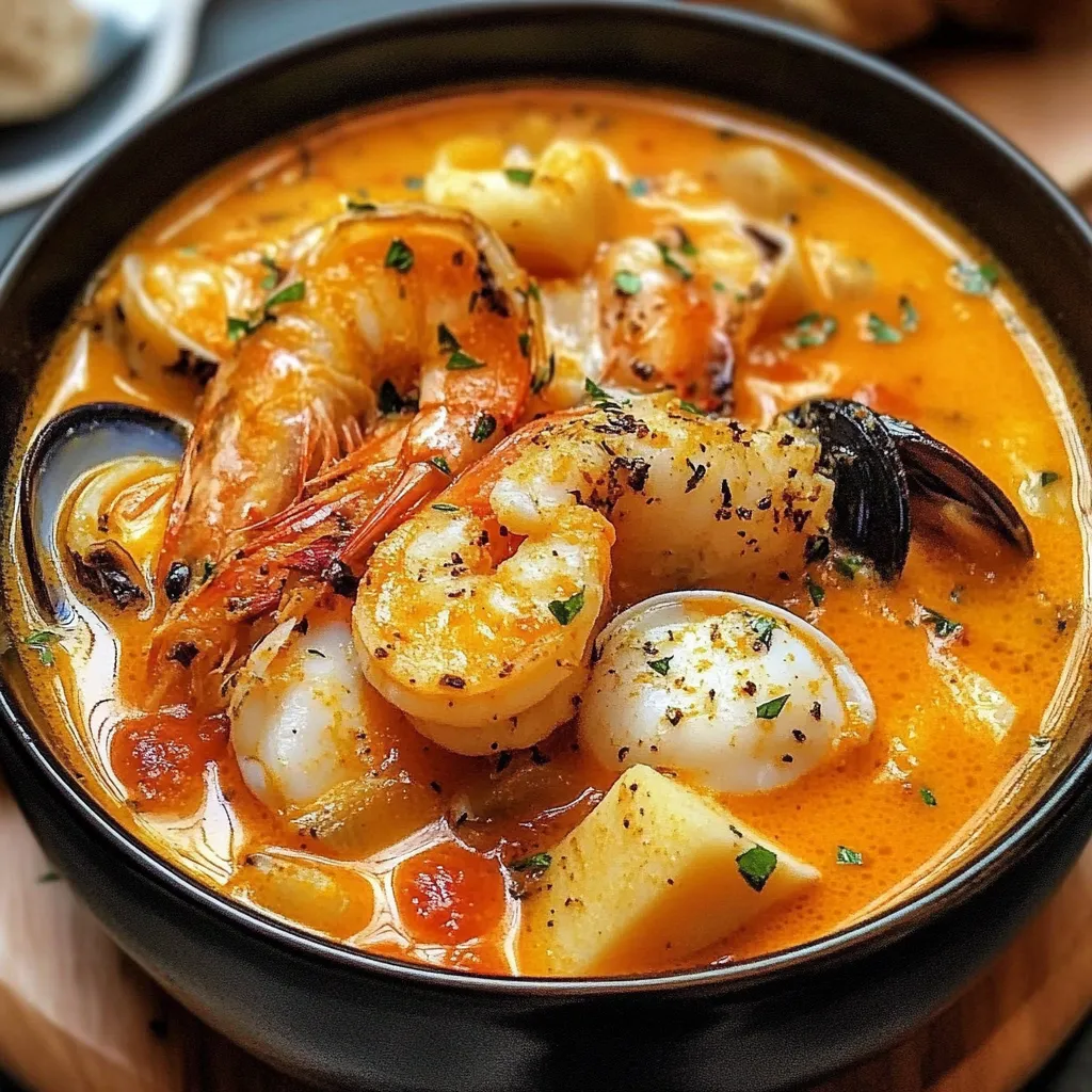 Soupe espagnole aux fruits de mer servie dans un bol rustique avec persil frais et pain grillé