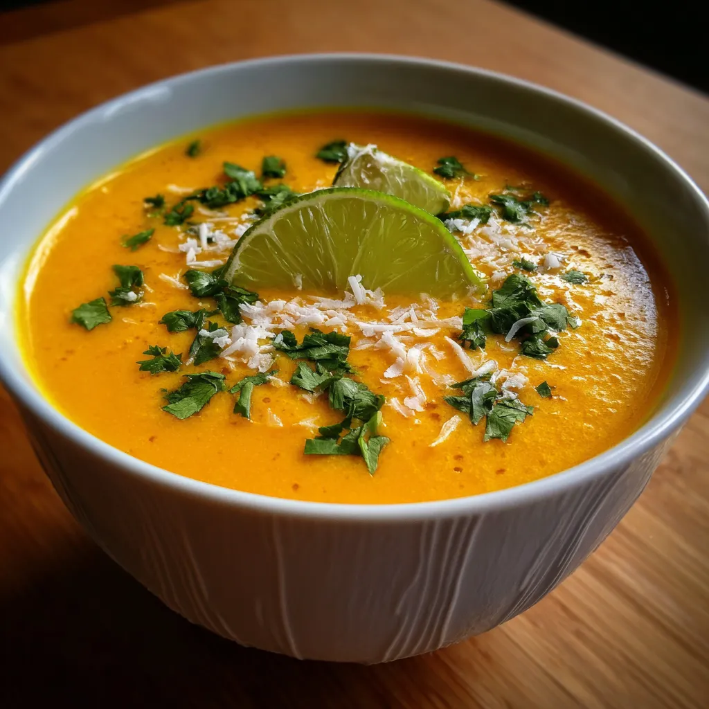 Bol de soupe froide carotte, coco et citron vert servi frais avec zeste et herbes fraîches.
