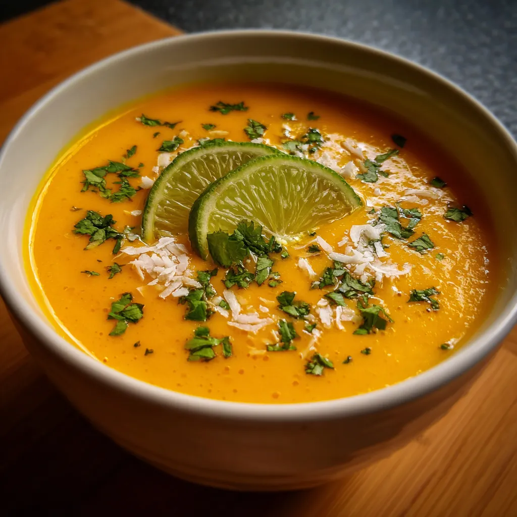 Bol de soupe froide carotte, coco et citron vert servi frais avec zeste et herbes fraîches.