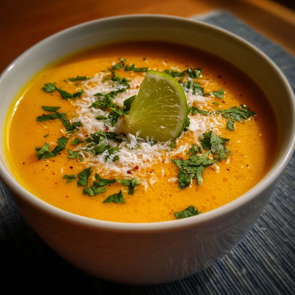 Bol de soupe froide carotte, coco et citron vert servi frais avec zeste et herbes fraîches.