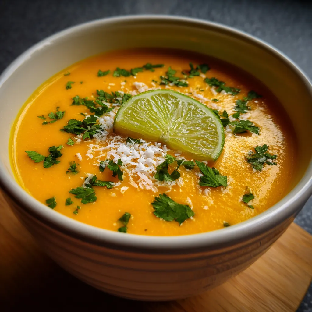 Bol de soupe froide carotte, coco et citron vert servi frais avec zeste et herbes fraîches.