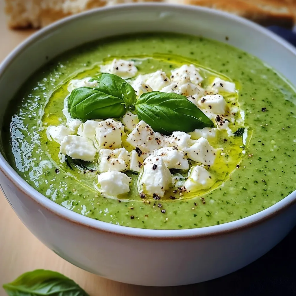 Soupe froide verte servie dans un bol, décorée de feuilles de menthe et basilic