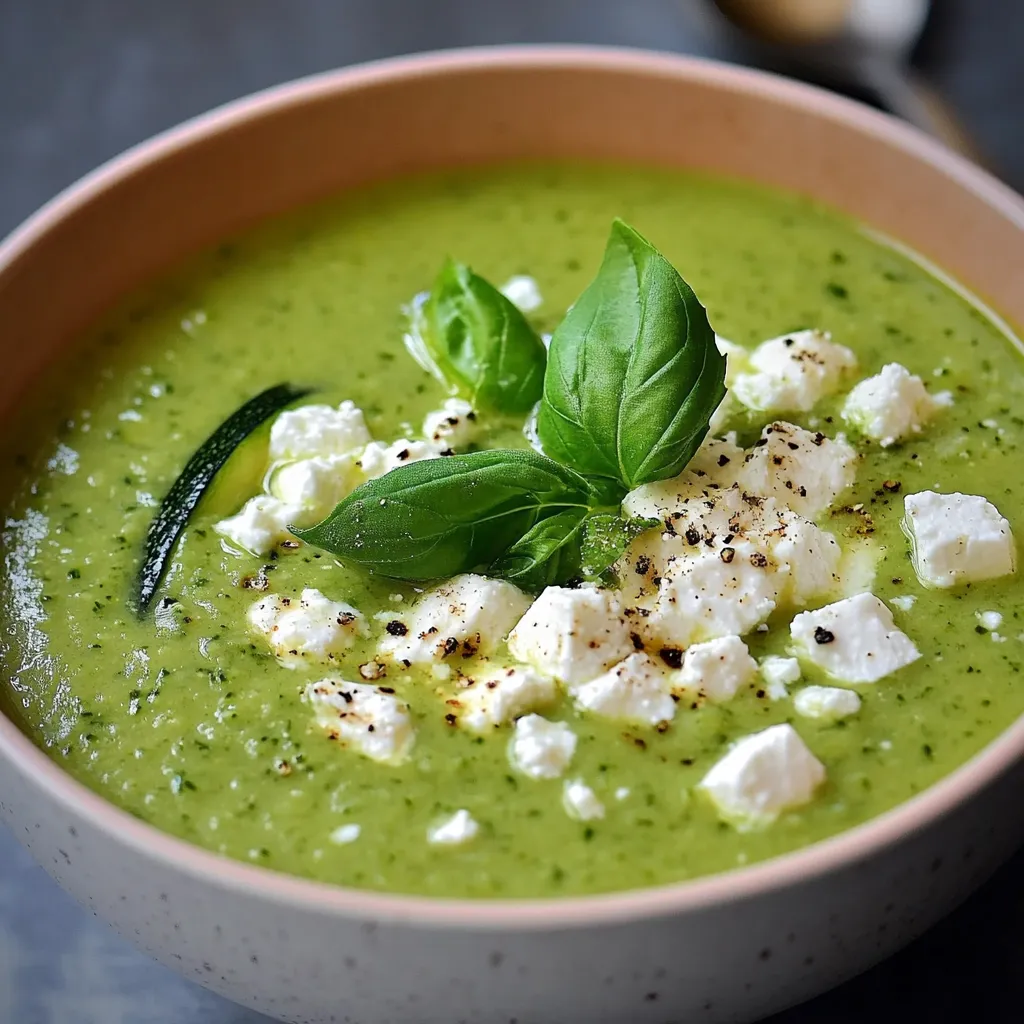 Soupe froide verte servie dans un bol, décorée de feuilles de menthe et basilic