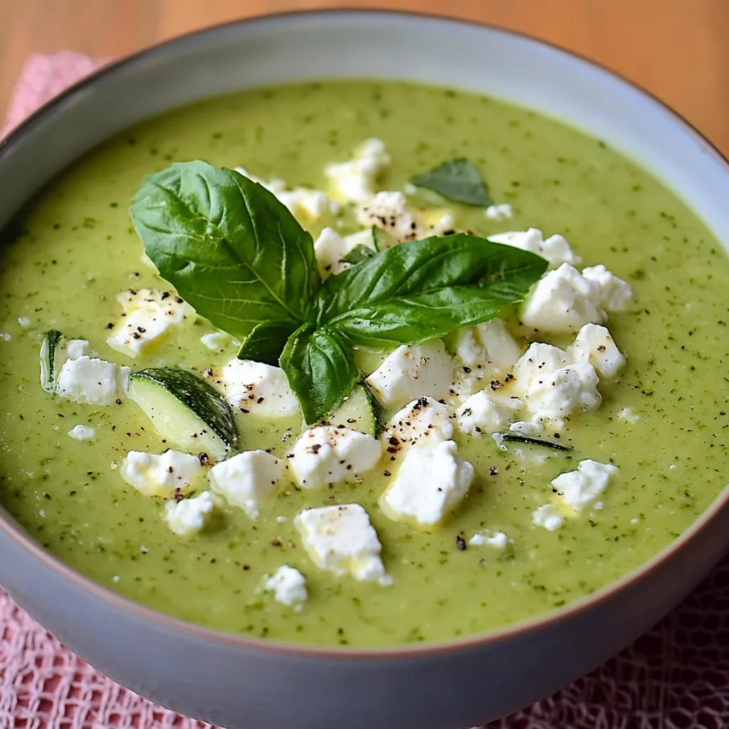 Soupe froide verte servie dans un bol, décorée de feuilles de menthe et basilic