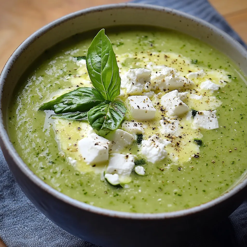 Soupe froide verte servie dans un bol, décorée de feuilles de menthe et basilic