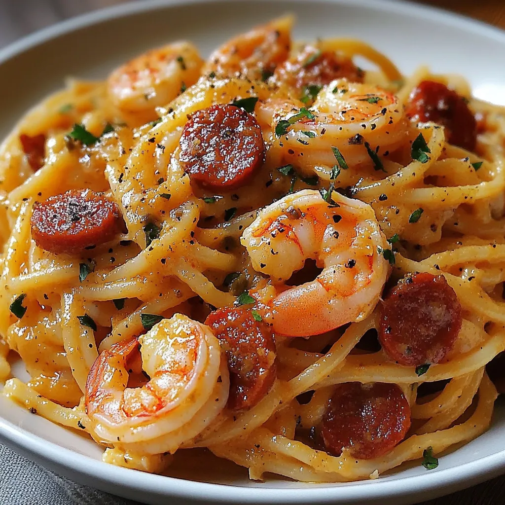 Spaghetti crémeux au poivron rouge avec chorizo et crevettes, servis dans une assiette blanche.