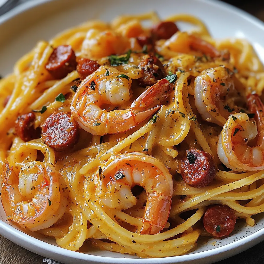 Spaghetti crémeux au poivron rouge avec chorizo et crevettes, servis dans une assiette blanche.