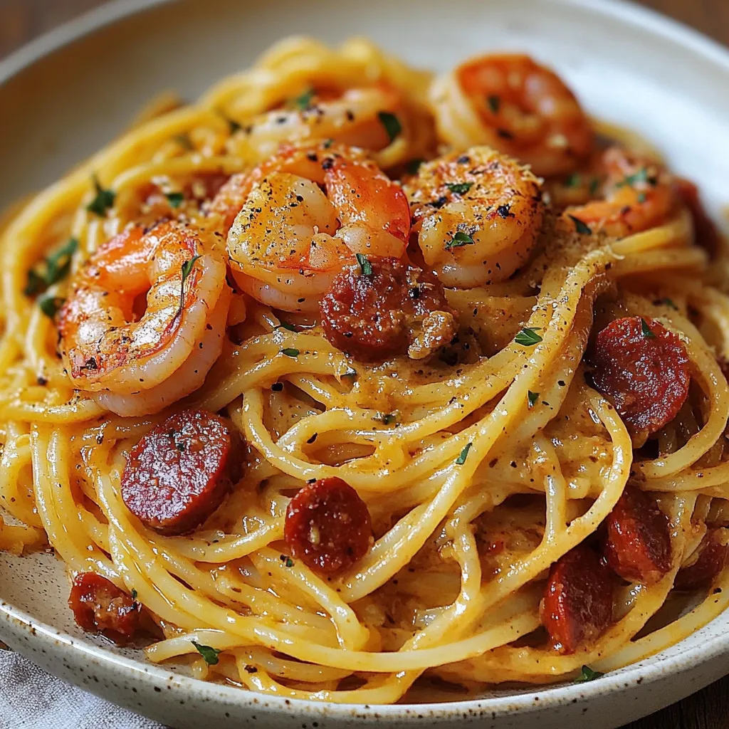 Spaghetti crémeux au poivron rouge avec chorizo et crevettes, servis dans une assiette blanche.