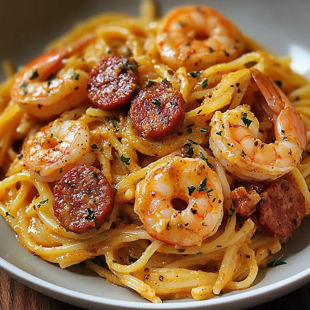 Spaghetti crémeux au poivron rouge avec chorizo et crevettes, servis dans une assiette blanche.